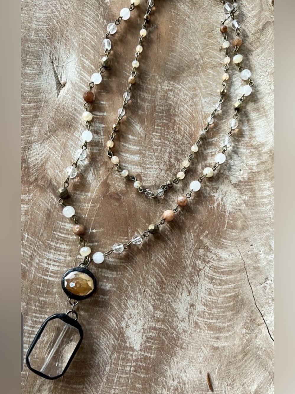 Layered Brown and Cream Faceted Pendant Necklace